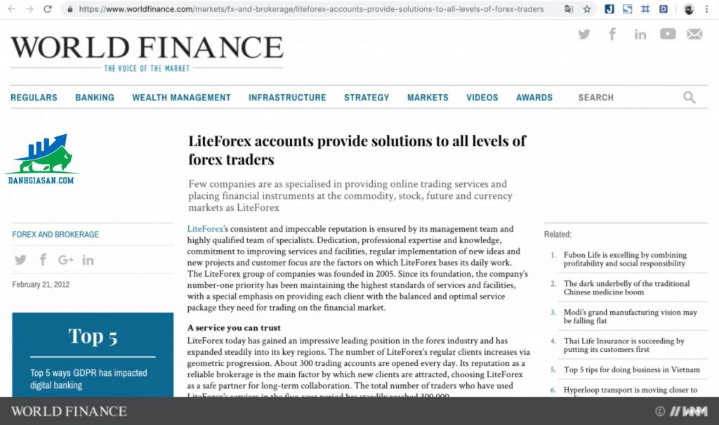 sàn LiteForex đã được Tổ chức tài chính Worldfinance đánh giá cao